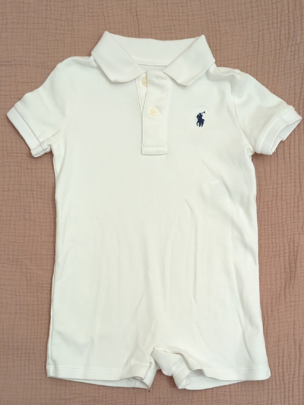 Ralph Lauren White Polo Romper with Navy Pony Embroidery